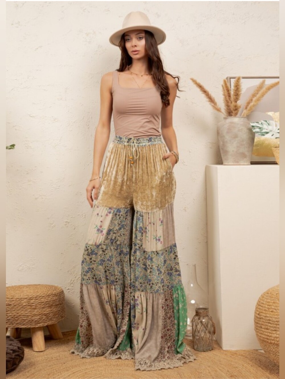 Young Threads Boho Tiered Patchwork Velvet Wide Leg Flare Pants